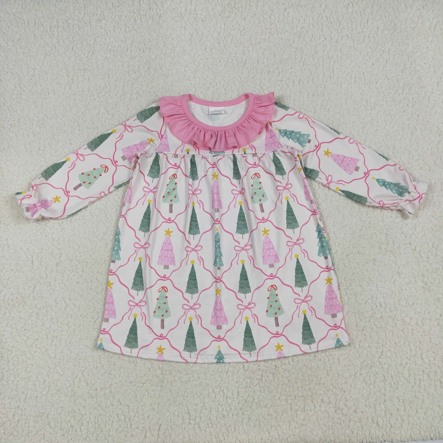 GLD1093 Girls Boutique Santa Tree Bows Pink Riffle Long Sleeve Dress 202506 RTS