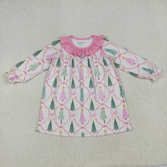 GLD1093 Girls Boutique Santa Tree Bows Pink Riffle Long Sleeve Dress 202506 RTS