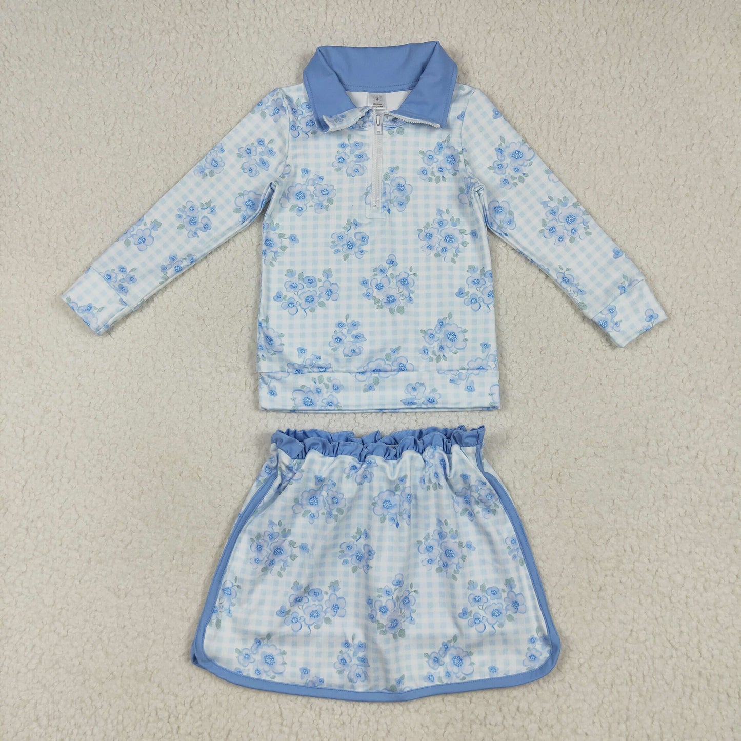 GLD1097 Girls Boutique Yoga Sets Flower Blue Stand-Up Zippy Long Sleeve Skirts 202507 RTS