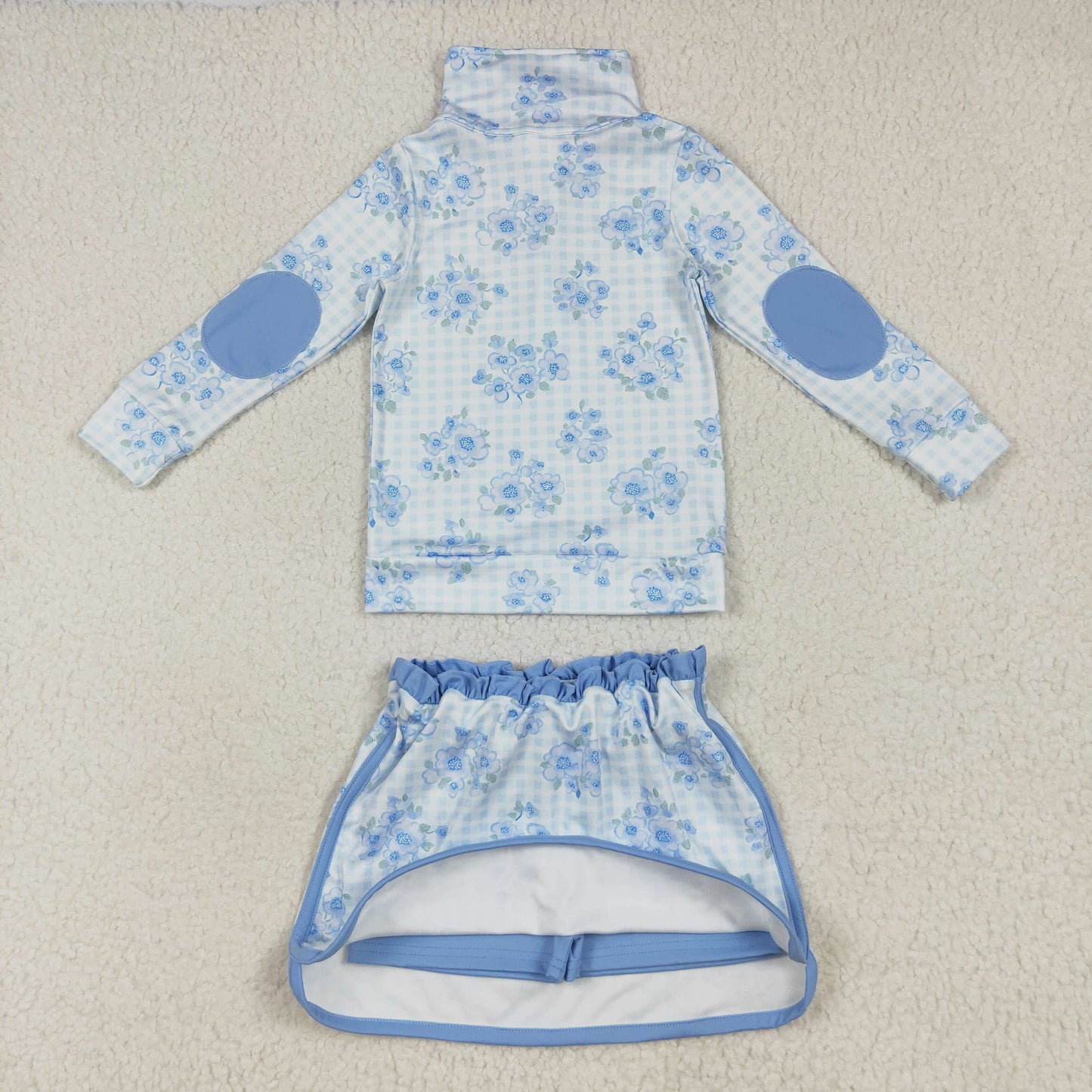 GLD1097 Girls Boutique Yoga Sets Flower Blue Stand-Up Zippy Long Sleeve Skirts 202507 RTS