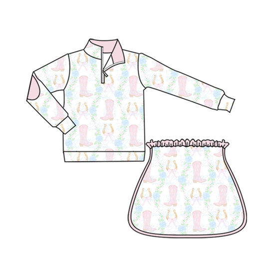 preorder GLD1098 Girls Boutique Yoga Sets Boots Flower Stand-Up Zippy Long Sleeve Skirts 202505