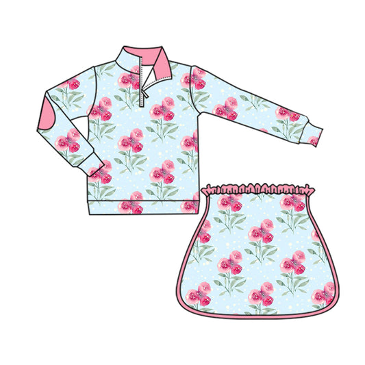 preorder GLD1099 Girls Boutique Yoga Sets Flower Pink Blue Stand-Up Zippy Long Sleeve Skirts 202505