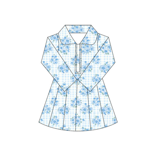 preorder GLD1103 Girls Yoga Dress Flower Plaid Blue Stand-Up Long Sleeve Dress Shorts 202505