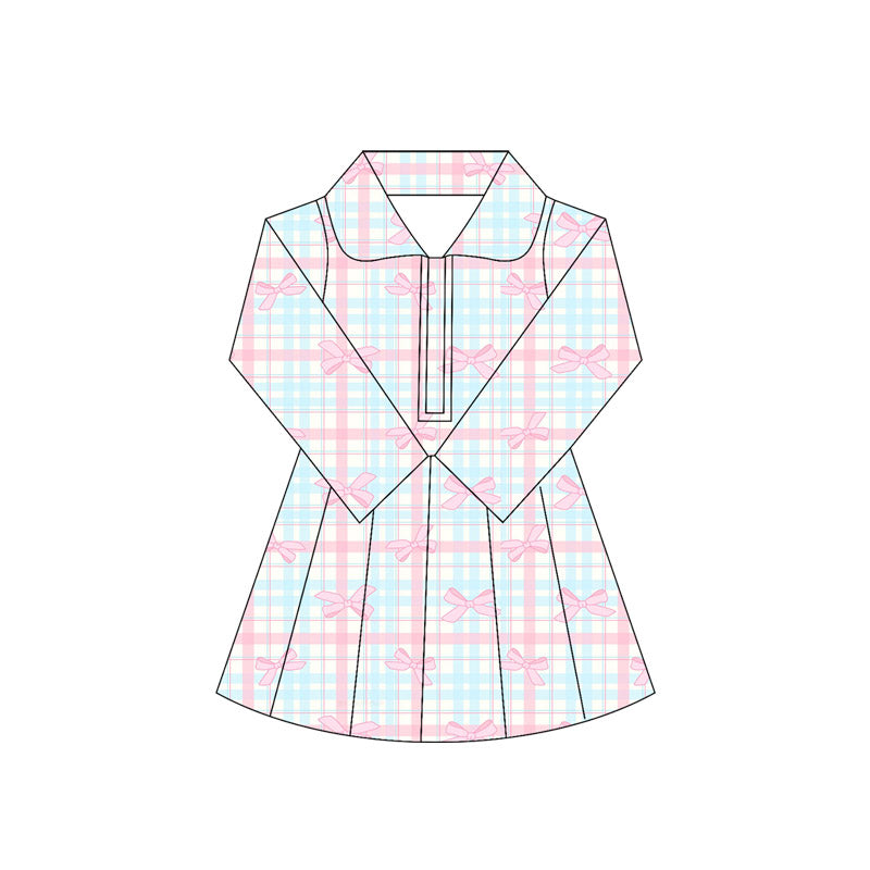 preorder GLD1106 Girls Yoga Dress Plaid Bows Pink Blue Stand-Up Long Sleeve Dress Shorts 202505