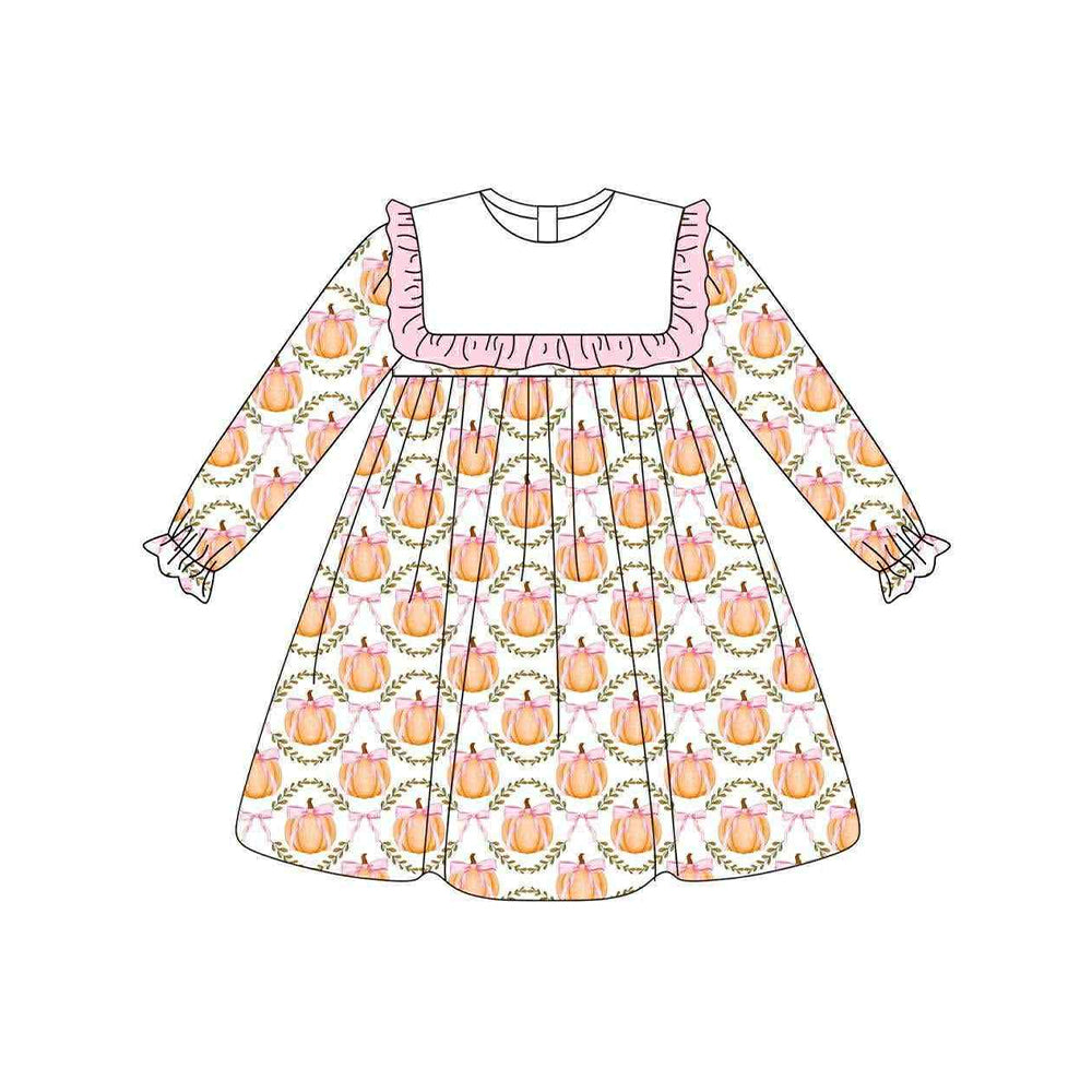Preorder GLD1112 Girls Boutique Pumpkin Bows Pink Ruffle Orange Long Sleeve Dress 202506