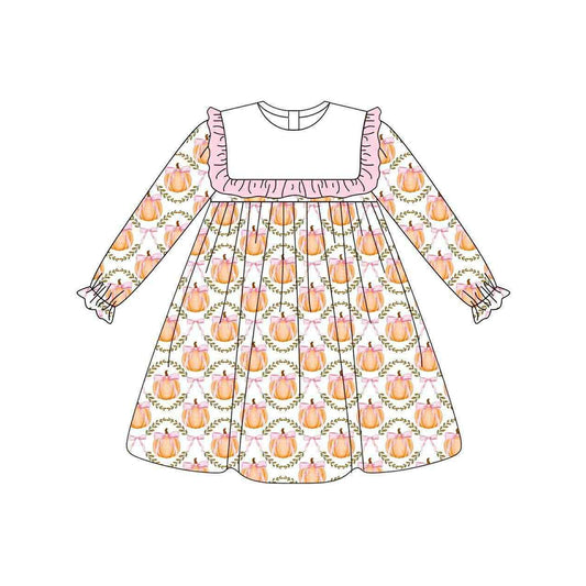 Preorder GLD1112 Girls Boutique Pumpkin Bows Pink Ruffle Orange Long Sleeve Dress 202506