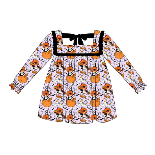 Preorder GLD1116 Girls Boutique Halloween Cartoon Pumpkin Moon Black Ruffle Lace-up Purple Long Sleeve Dress 202506