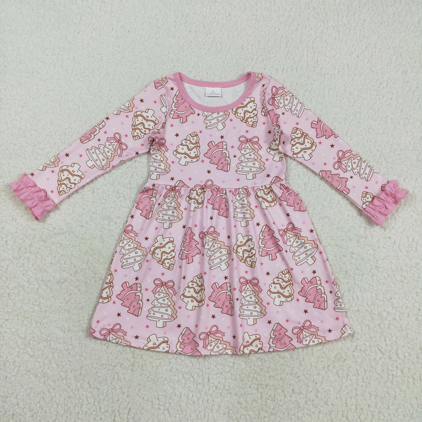 GLD1124 Santa Tree Cookie Pink Long Sleeve Dress Girls Boutique 202508 RTS