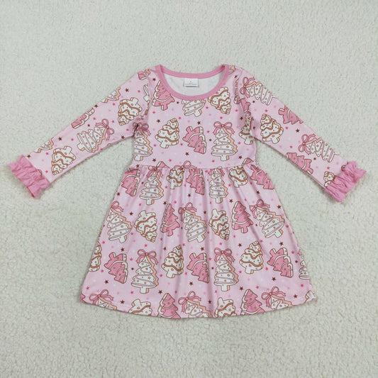 GLD1124 Santa Tree Cookie Pink Long Sleeve Dress Girls Boutique 202508 RTS