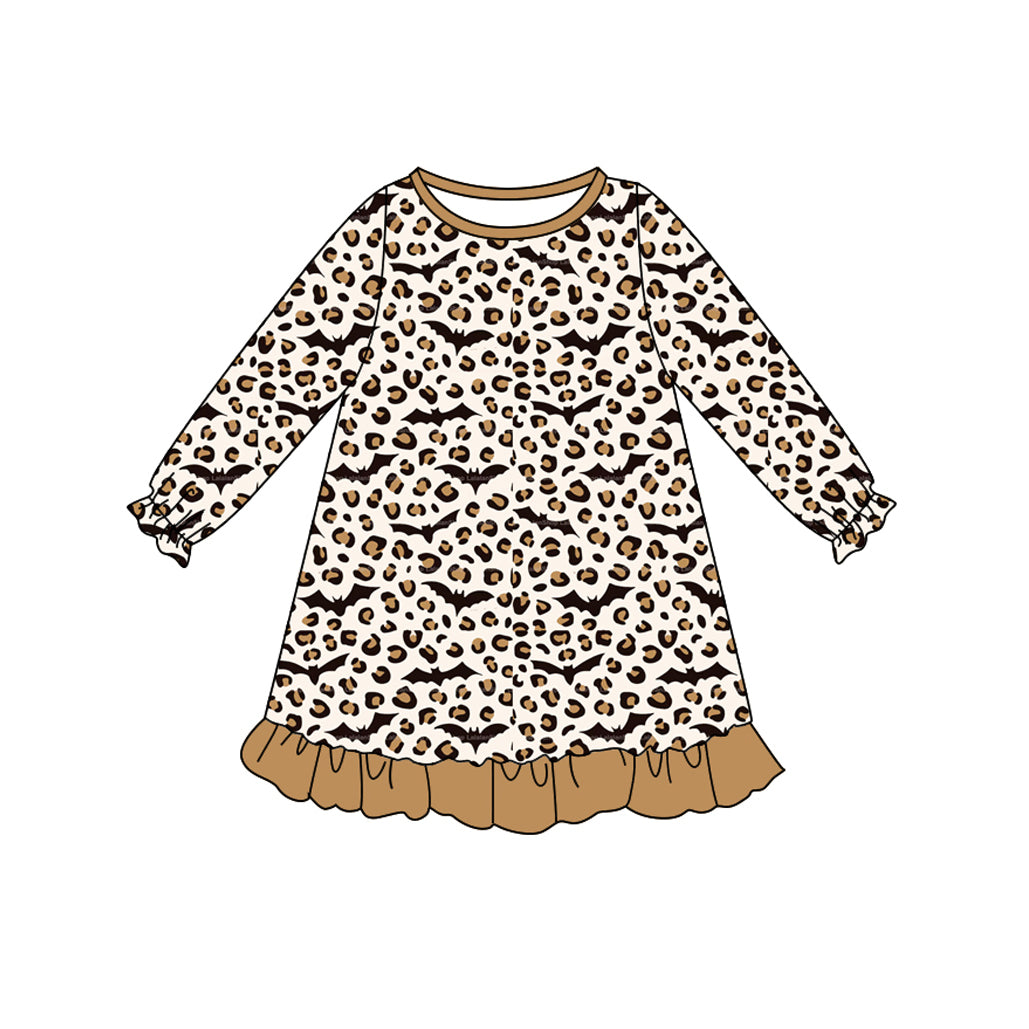 Preorder GLD1125 Bat Leopard Brown Ruffle Long Sleeve Dress Girls Boutique 202506
