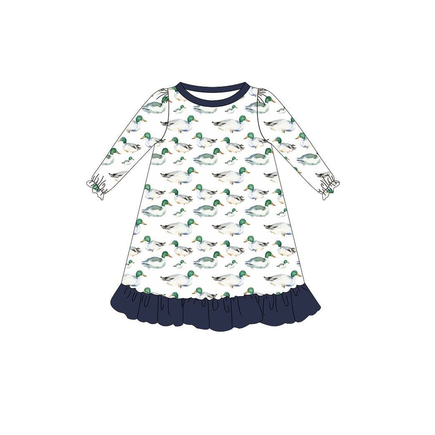 Preorder GLD1128 Duck Hunting Navy Blue Ruffle Long Sleeve Dress Girls Boutique 202506