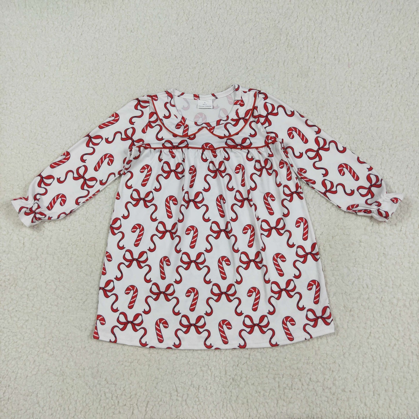 GLD1130 Cane Red Bow Pattern Doll Collar Long Sleeve Dress Girls Boutique 202507 RTS