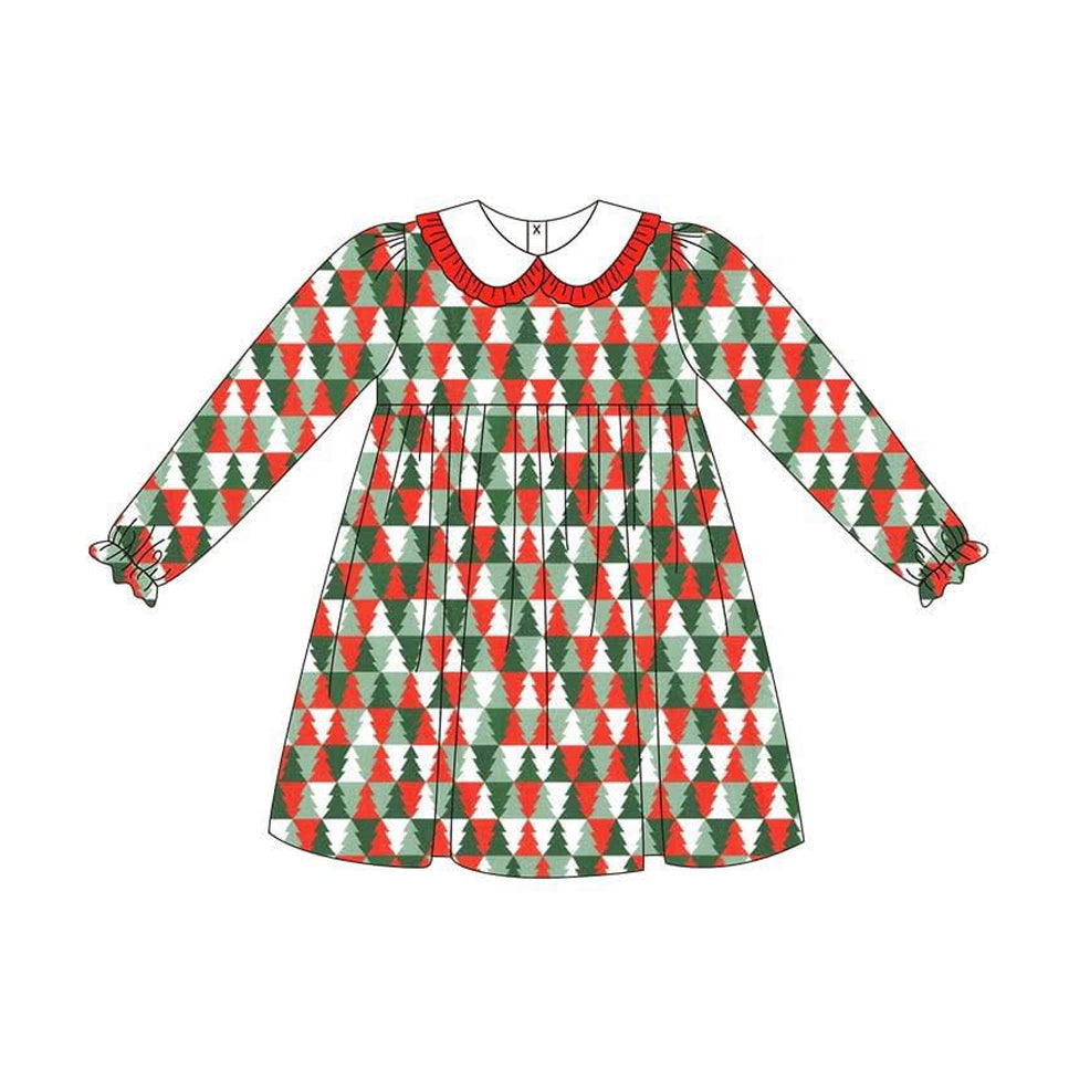 Preorder GLD1132 Santa Tree Red Ruffle Doll Collar Long Sleeve Dress Girls Boutique 202506