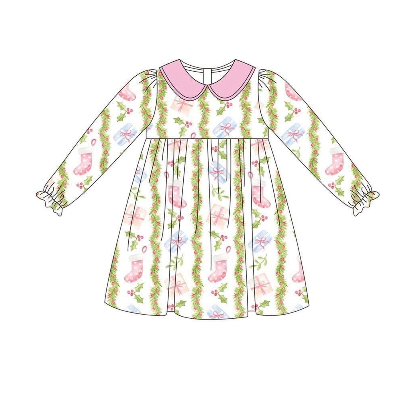 Preorder GLD1133 Christmas Gift Socks Leaves Pink Doll Collar Long Sleeve Dress Girls Boutique 202506
