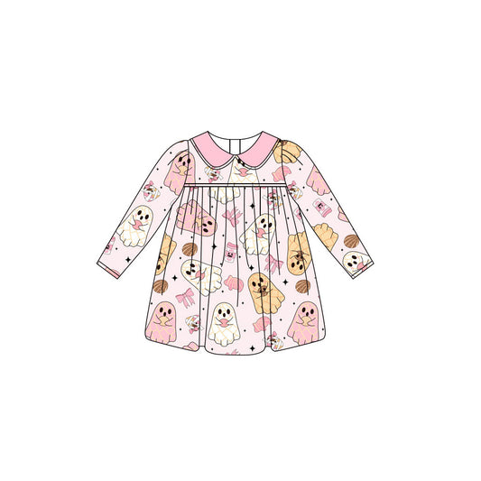 Preorder GLD1138  Halloween Ghost Pink Doll Collar Long Sleeve Dress  Girls Boutique 202506