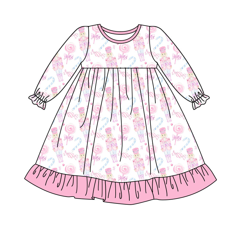 Preorder GLD1139 Cartoon Nutcracker Pink Ruffle Long Sleeve Dress Girls Boutique 202506