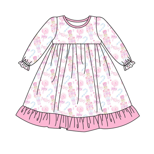 Preorder GLD1139 Cartoon Nutcracker Pink Ruffle Long Sleeve Dress Girls Boutique 202506