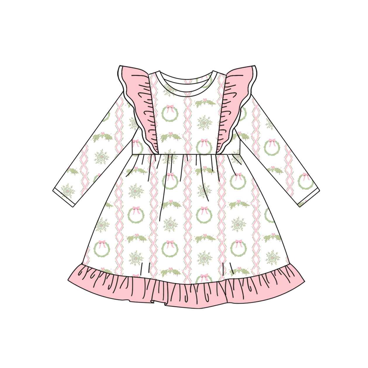 Preorder GLD1141 Christmas Pink Ruffle Long Sleeve Dress Girls Boutique 202506