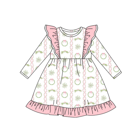 Preorder GLD1141 Christmas Pink Ruffle Long Sleeve Dress Girls Boutique 202506