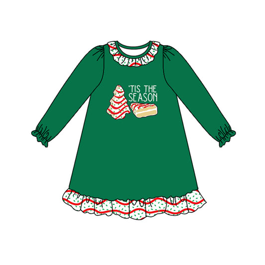Preorder GLD1155 Christmas Tree Ruffle Green Long Sleeve Dress Girls Boutique 202506