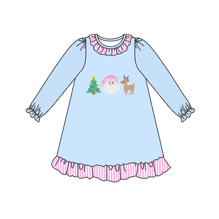 Preorder GLD1156 Christmas Santa Claus Tree Blue Pink Ruffle Long Sleeve Dress Girls Boutique 202506