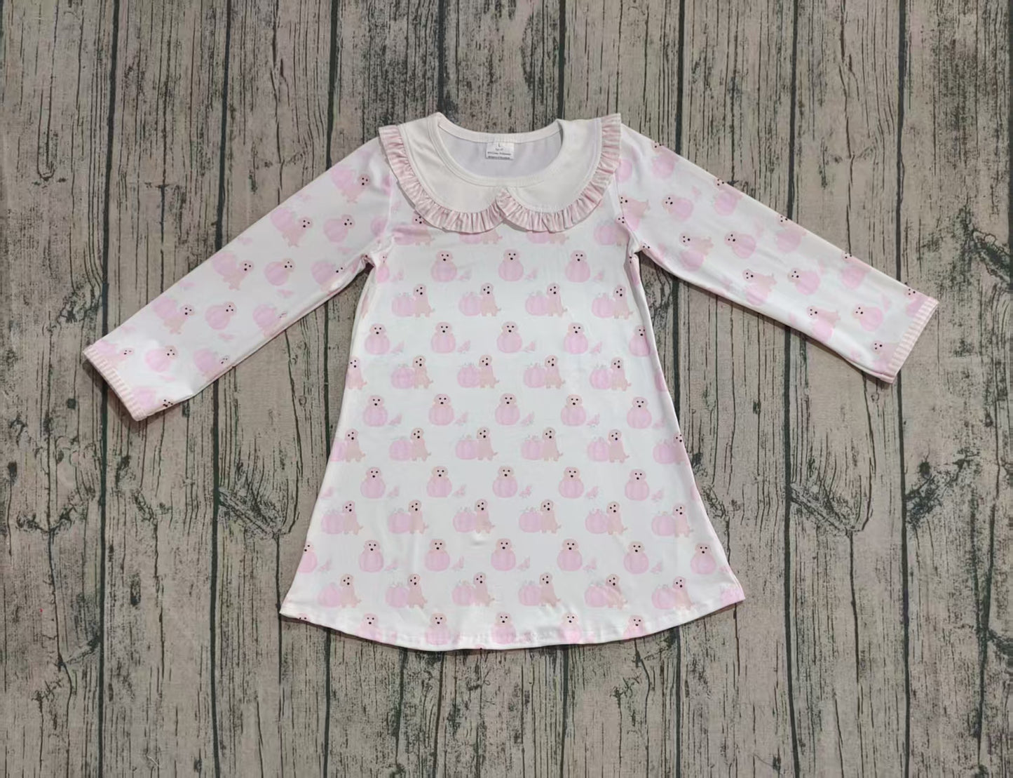 Preorder GLD1157 Cute Puppy Pink Ruffle Doll Collar Long Sleeve Dresses for Girls 202508
