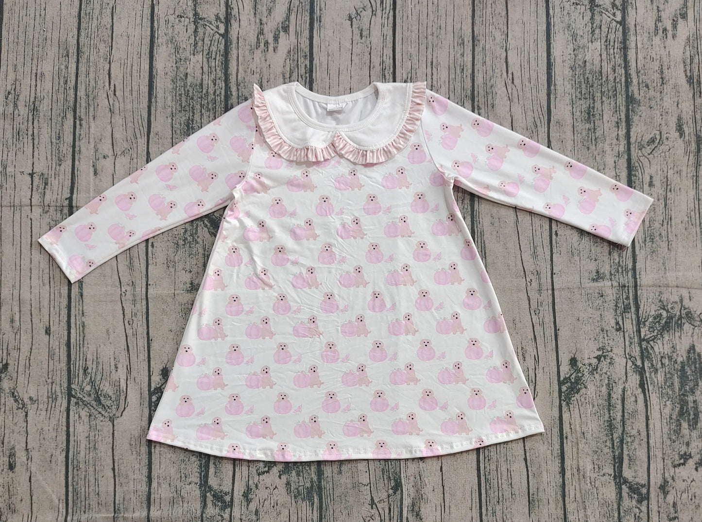 GLD1157 Cute Puppy Pink Ruffle Doll Collar Long Sleeve Dresses for Girls 202509 RTS