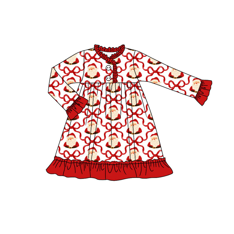 Preorder GLD1160 Christmas Santa Claus Bows Red Ruffle Long Sleeve Dress Girls Boutique 202506
