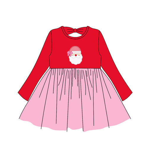 Preorder GLD1161 Santa Claus Pink Tulle Red Long Sleeve Dress Girls Boutique 202506