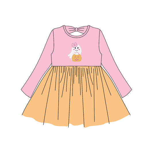 Preorder GLD1163 Halloween Ghost Pumpkin Orange Tulle Pink Long Sleeve Dress Girls Boutique 202506
