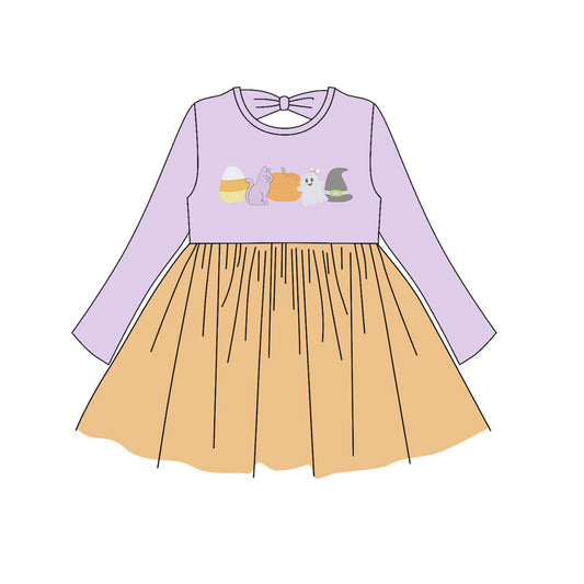 Preorder GLD1164 Halloween Candy Kitten Pumpkin Ghost Hat Orange Tulle Purple Long Sleeve Dress Girls Boutique 202506