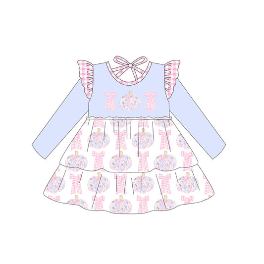 Preorder GLD1169 Halloween Pumpkin Bows Pink Plaid Ruffle Purple Long Sleeve Dress Girls Boutique 202506