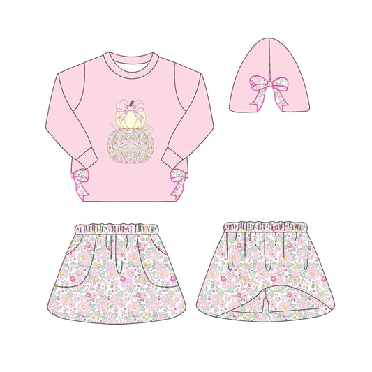 Preorder GLD1173 Halloween Pumpkin Bow Pink Long Sleeve Flower Skirts Sets Girls Boutique 202506