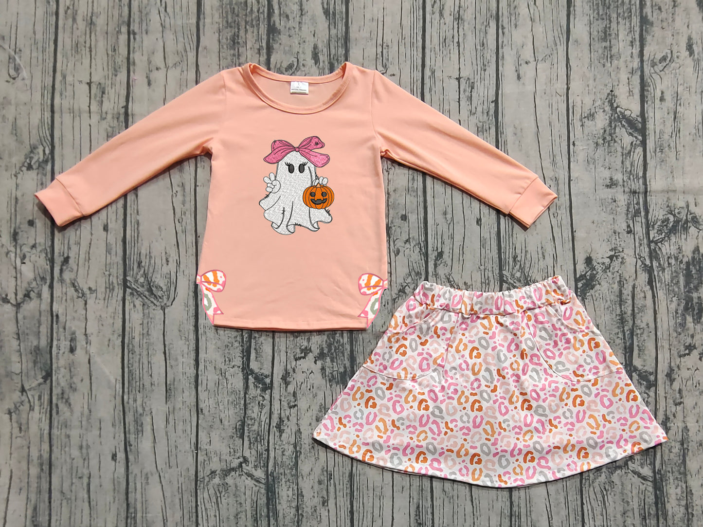 Preorder GLD1174 Embroidered Halloween Pumpkin Ghost Orange Long Sleeve Flower Skirts Sets Girls Boutique 202506