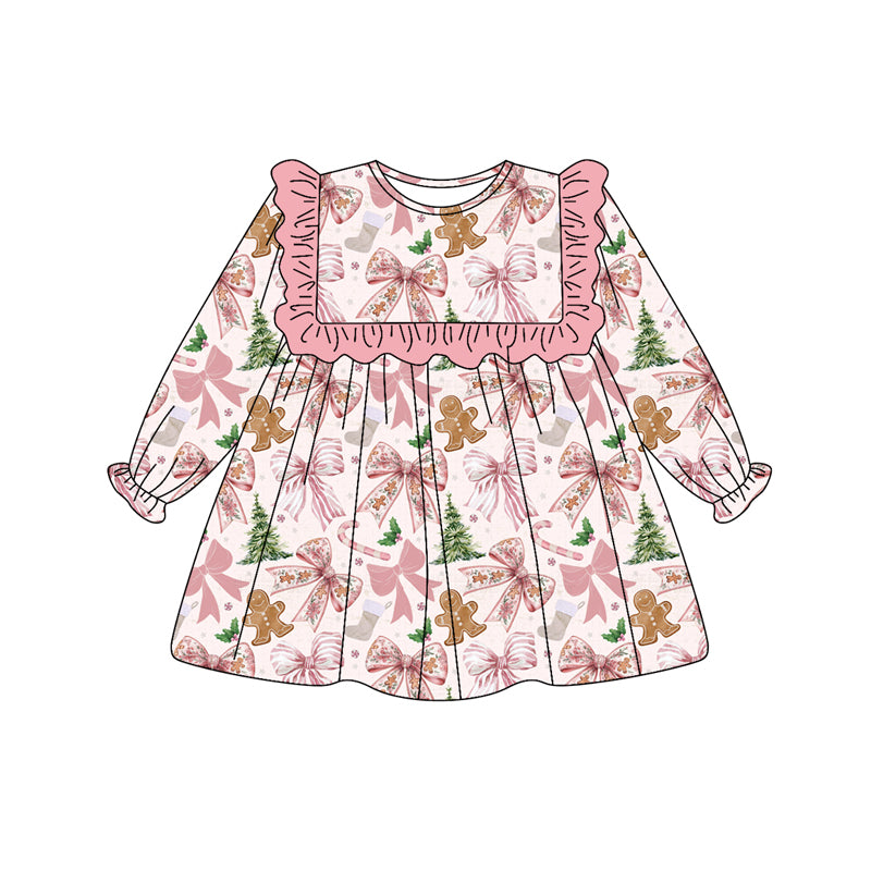 Preorder GLD1176 Christmas Pink Ruffle Long Sleeve Dress Girls Boutique 202506