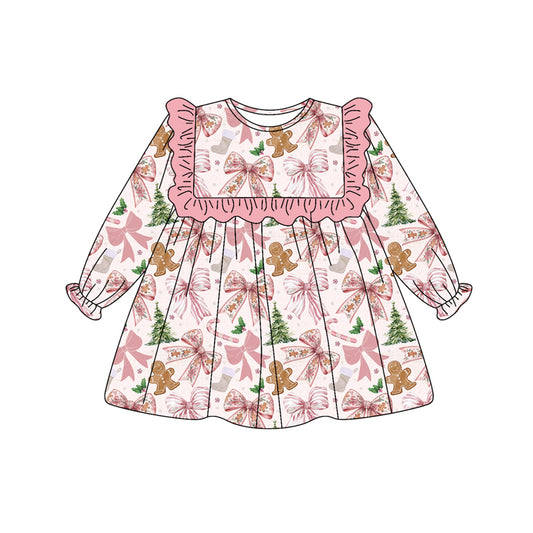 Preorder GLD1176 Christmas Pink Ruffle Long Sleeve Dress Girls Boutique 202506