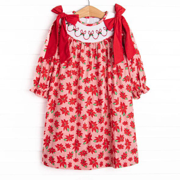 Preorder GLD1179 Leaf Bows Red Long Sleeve Dress Girls Boutique 202507