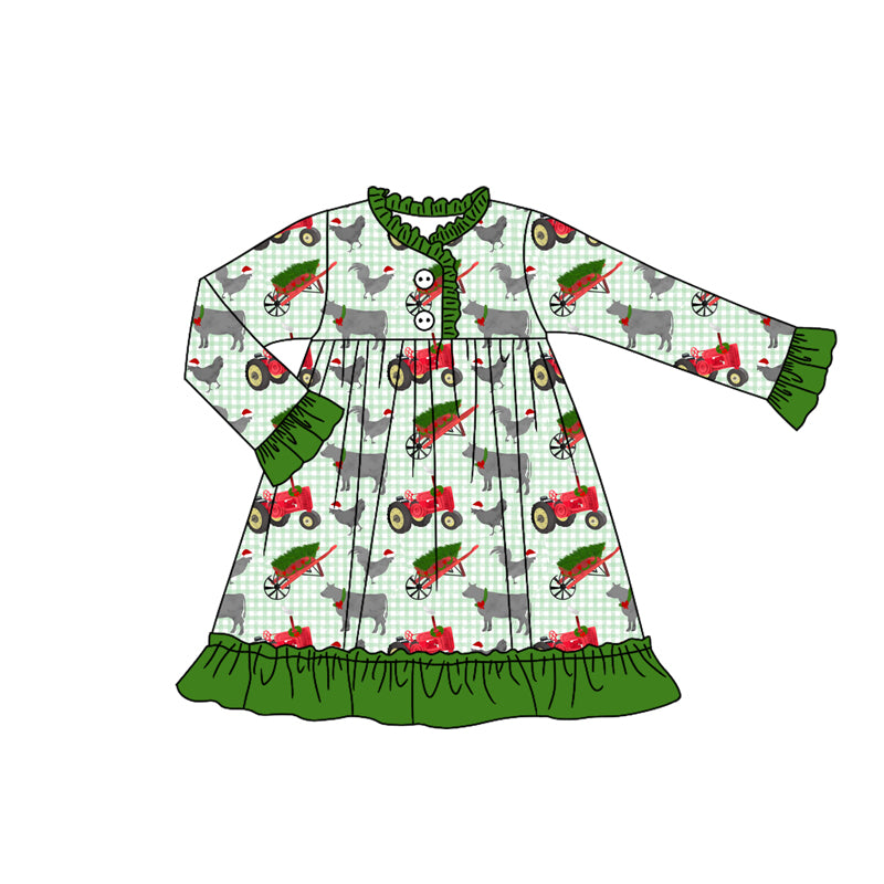 Preorder GLD1182 Christmas Farm Trucks Animals Green Ruffle Long Sleeve Girls Dress 202507