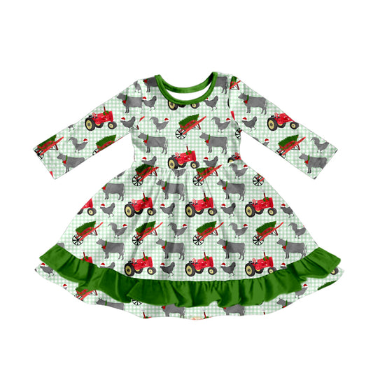 Preorder GLD1183 Christmas Farm Trucks Animals Green Plaid Ruffle O-Neck Long Sleeve Girls Dress 202507