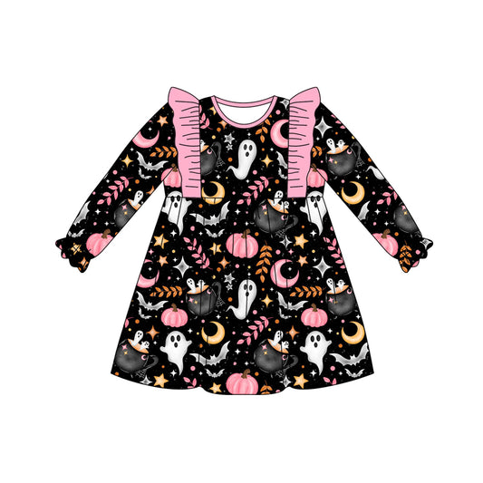 Preorder GLD1186 Halloween Ghost Pink Ruffle Black Long Sleeve Girls Dress 202507