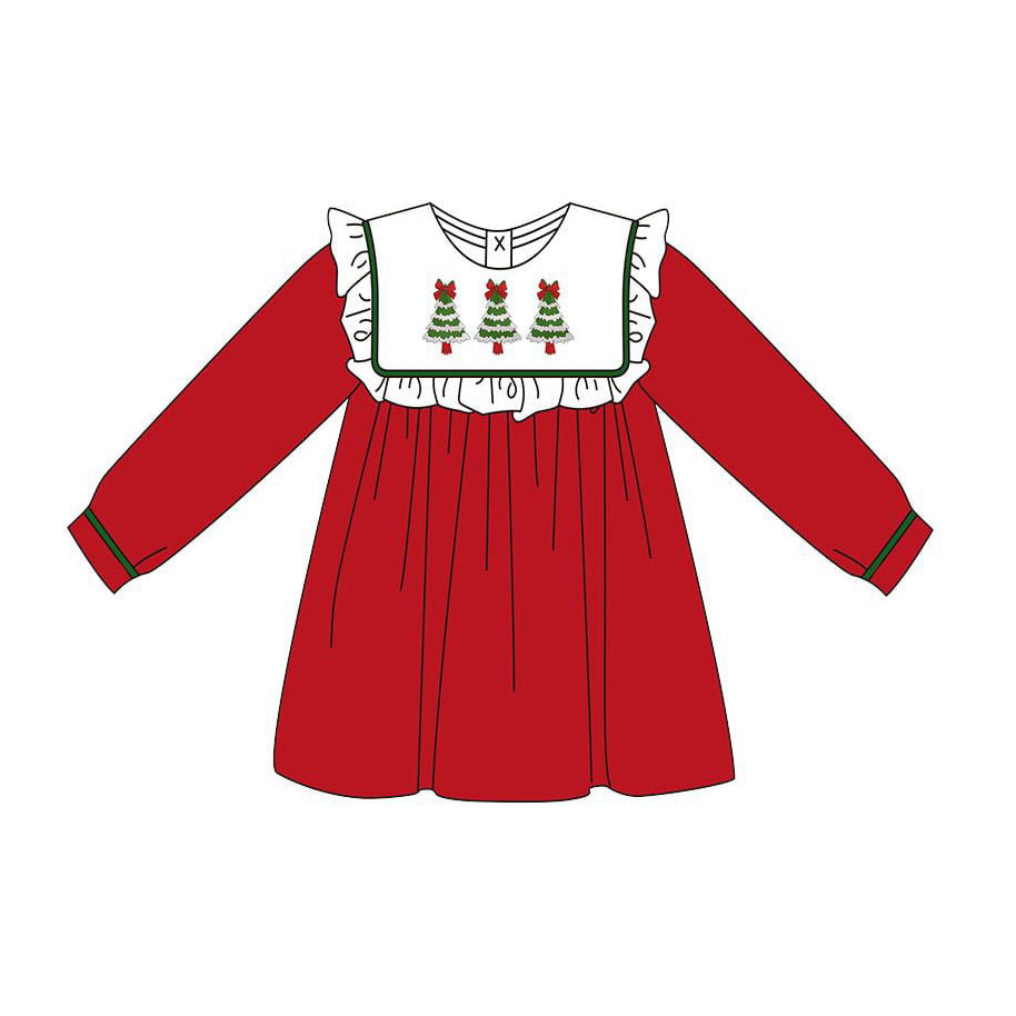 Preorder GLD1188 Christmas Tree Ruffle Red Long Sleeve Girls Dress 202507