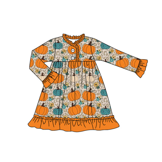Preorder GLD1189 Pumpkin Flower Leopard Orange Ruffle Long Sleeve Girls Dress 202507