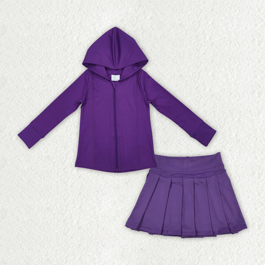 GLD1192 Girls Boutique Yoga Sets Purple Hooded Zippy Long Sleeve Pleated Skirts 202507 RTS