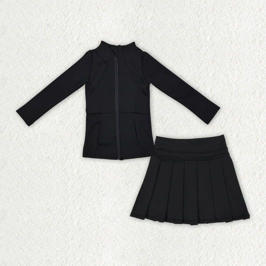 GLD1193 Girls Boutique Yoga Sets Black Zippy Long Sleeve Pleated Skirts 202507 RTS