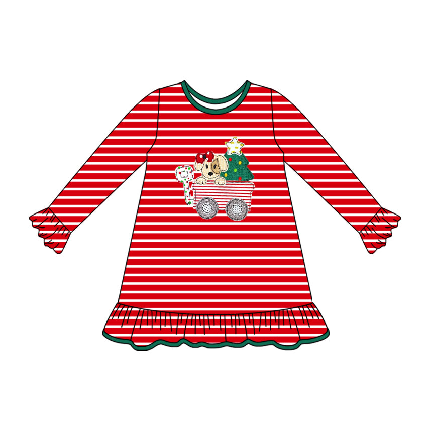 Preorder GLD1194 Cute Puppy Christmas Tree Stripe Red Ruffle Long Sleeve Girls Dress 202507