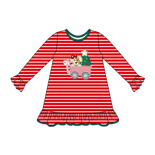 Preorder GLD1194 Cute Puppy Christmas Tree Stripe Red Ruffle Long Sleeve Girls Dress 202507