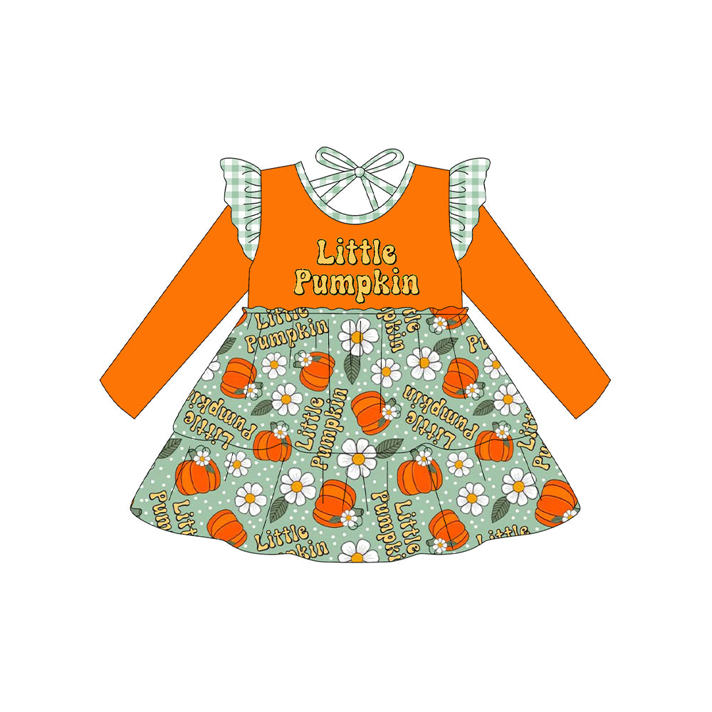 Preorder GLD1195 Little Pumpkin Flower Orange Ruffle Long Sleeve Girls Dress 202507