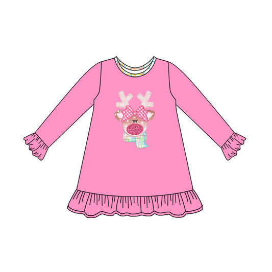 Preorder GLD1199 Bows Reindeer Pink Ruffle Long Sleeve Girls Dress 202507