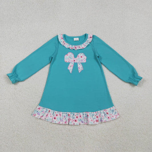 GLD1204 Embroidered Bows Floral Ruffle Blue Long Sleeve Girls Dress 202510 RTS