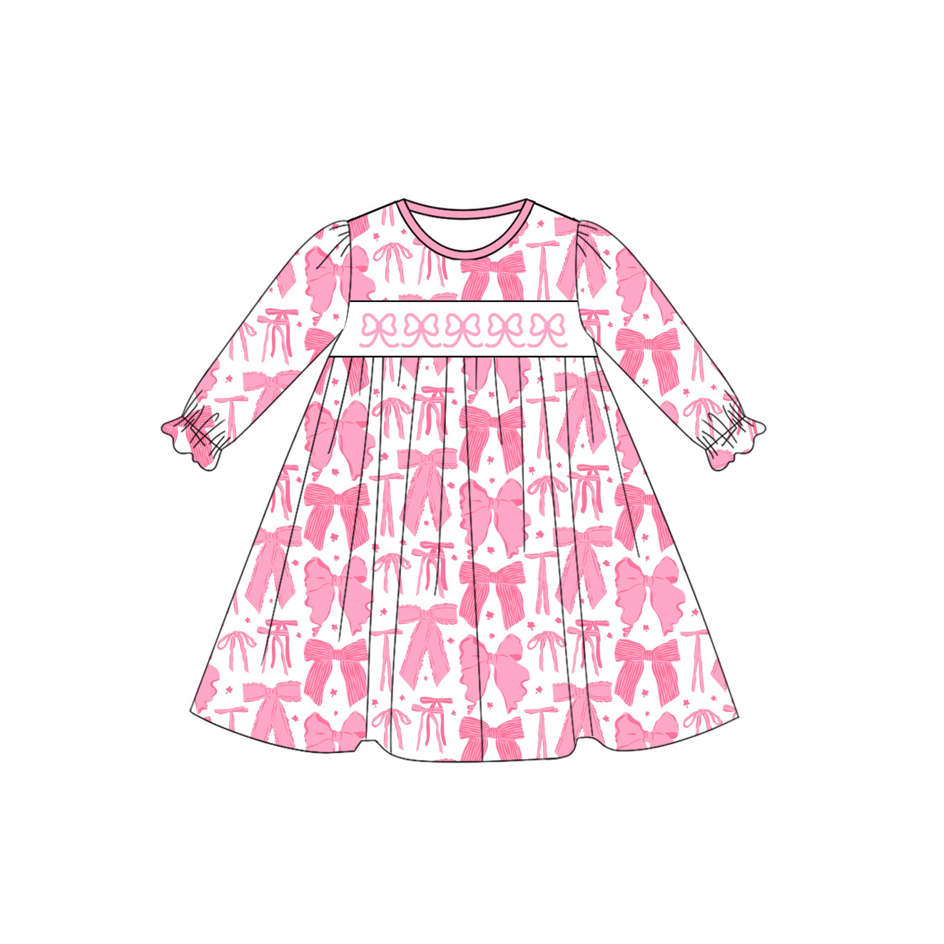 Preorder GLD1205 Bows Pink Long Sleeve Girls Dress 202507